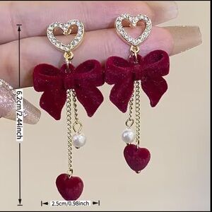 Elegant Red Bow Heart Drop Earrings